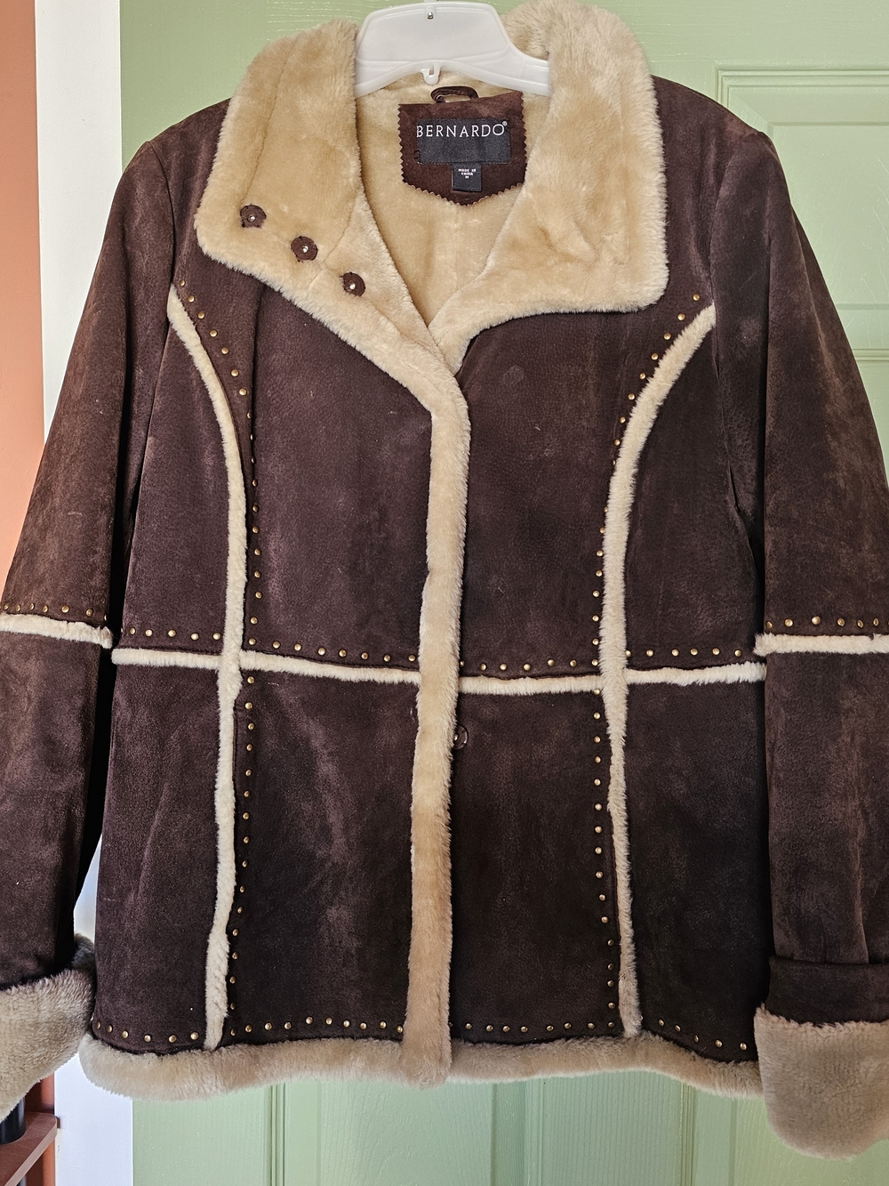 Bernardo Women's Brown Leather / Faux-Shearling Studded Coat M. Y2K
